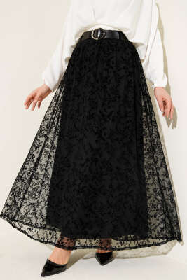Bel Lastikli Tül Çiçekli Etek Siyah - ALİ AKKAYA