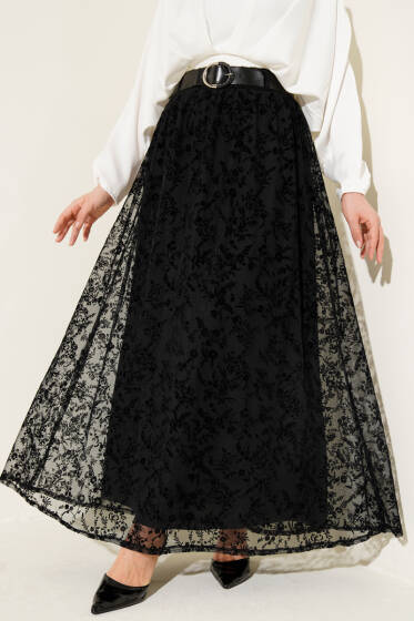 Bel Lastikli Tül Çiçekli Etek Siyah - Etek