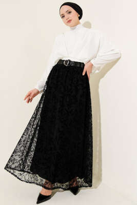 Bel Lastikli Tül Çiçekli Etek Siyah - Etek