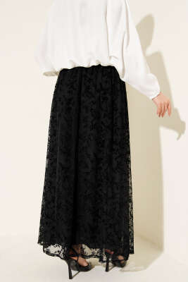 Bel Lastikli Tül Çiçekli Etek Siyah - Etek
