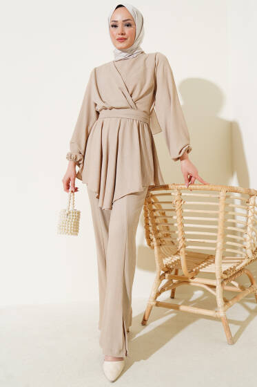 Bel Lastikli Tunik Bürümcük İkili Takım Bej - İkili Takım