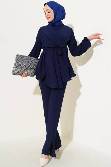 Bel Lastikli Tunik Bürümcük İkili Takım Lacivert - İkili Takım