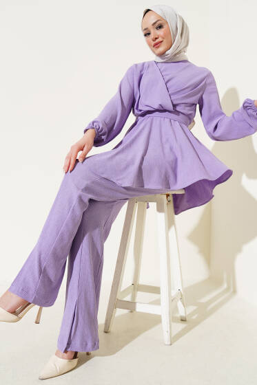 Bel Lastikli Tunik Bürümcük İkili Takım Lila - İkili Takım