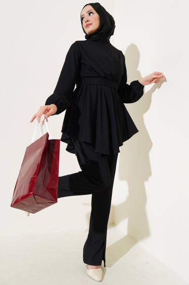 Bel Lastikli Tunik Bürümcük İkili Takım Siyah - İkili Takım
