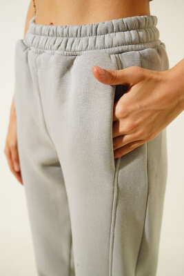 Bel Lastikli Üç İplik Pantolon Gri - Kadın Giyim Modelleri