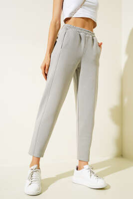 Bel Lastikli Üç İplik Pantolon Gri - Kadın Giyim Modelleri