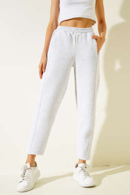 Bel Lastikli Üç İplik Pantolon Melanj Gri - Kadın Giyim Modelleri