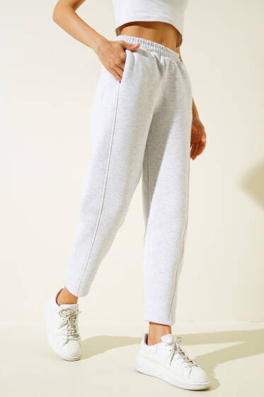 Bel Lastikli Üç İplik Pantolon Melanj Gri - Kadın Giyim Modelleri