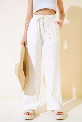 Bel Lastikli Uzun Keten Pantolon Ekru - Kadın Giyim Modelleri