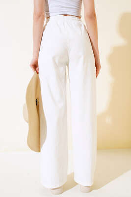 Bel Lastikli Uzun Keten Pantolon Ekru - Kadın Giyim Modelleri