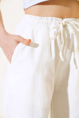 Bel Lastikli Uzun Keten Pantolon Ekru - Kadın Giyim Modelleri