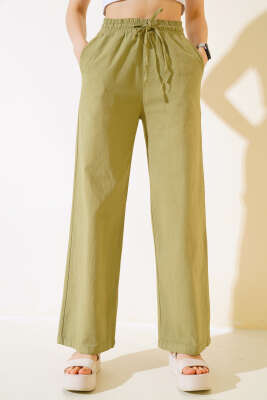 Bel Lastikli Uzun Keten Pantolon Haki - Kadın Giyim Modelleri