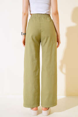 Bel Lastikli Uzun Keten Pantolon Haki - Kadın Giyim Modelleri