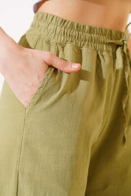 Bel Lastikli Uzun Keten Pantolon Haki - Kadın Giyim Modelleri