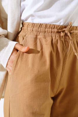 Bel Lastikli Uzun Keten Pantolon Hardal - Kadın Giyim Modelleri