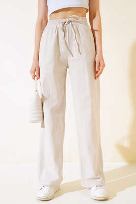 Bel Lastikli Uzun Keten Pantolon Taş - Kadın Giyim Modelleri