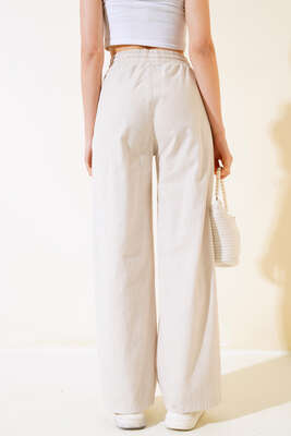 Bel Lastikli Uzun Keten Pantolon Taş - Kadın Giyim Modelleri