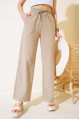 Bel Lastikli Uzun Keten Pantolon Vizon - Kadın Giyim Modelleri