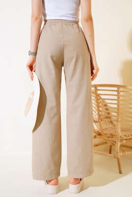 Bel Lastikli Uzun Keten Pantolon Vizon - Kadın Giyim Modelleri