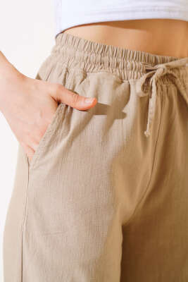 Bel Lastikli Uzun Keten Pantolon Vizon - Kadın Giyim Modelleri