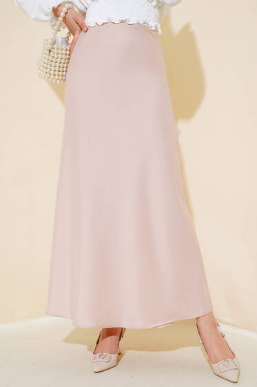 Bel Lastikli Uzun Saten Etek Bej - Etek