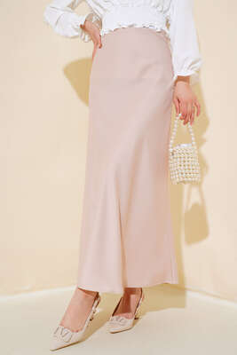 Bel Lastikli Uzun Saten Etek Bej - Uzun Etek