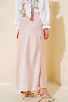 Bel Lastikli Uzun Saten Etek Bej - Uzun Etek