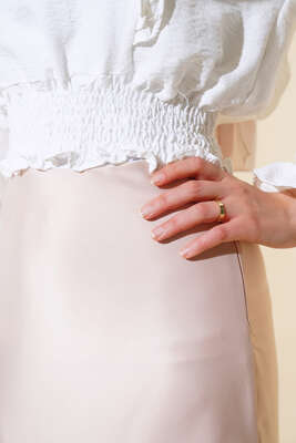 Bel Lastikli Uzun Saten Etek Bej - Uzun Etek