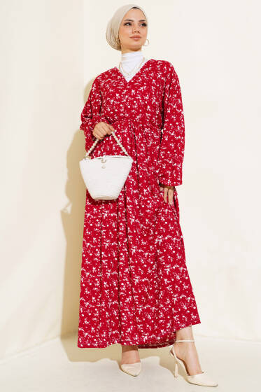 Bel Lastikli V Yaka Elbise Bordo - Elbise