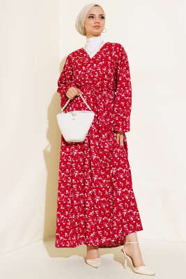 Bel Lastikli V Yaka Elbise Bordo 