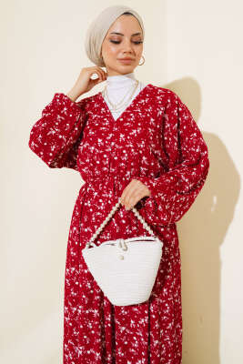 Bel Lastikli V Yaka Elbise Bordo - Tesettür Elbise