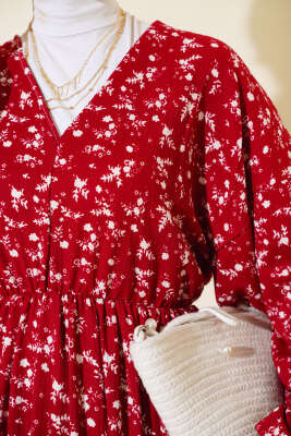 Bel Lastikli V Yaka Elbise Bordo - Tesettür Elbise