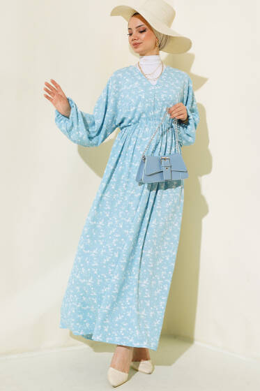 Bel Lastikli V Yaka Elbise Mavi - Elbise