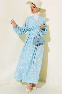 Bel Lastikli V Yaka Elbise Mavi 