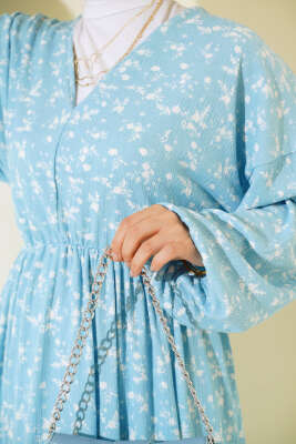 Bel Lastikli V Yaka Elbise Mavi - Tesettür Elbise