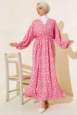 Bel Lastikli V Yaka Elbise Pembe - NEVA MODA