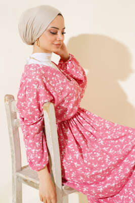 Bel Lastikli V Yaka Elbise Pembe - Tesettür Elbise