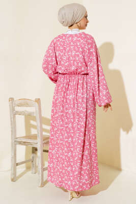 Bel Lastikli V Yaka Elbise Pembe - Tesettür Elbise
