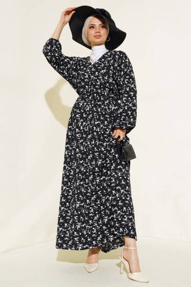 Bel Lastikli V Yaka Elbise Siyah - Elbise