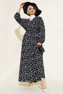 Bel Lastikli V Yaka Elbise Siyah - NEVA MODA