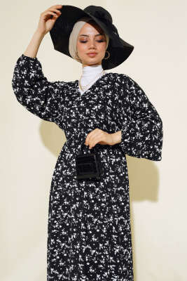 Bel Lastikli V Yaka Elbise Siyah - Tesettür Elbise