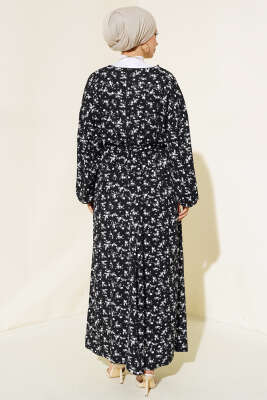 Bel Lastikli V Yaka Elbise Siyah - Tesettür Elbise