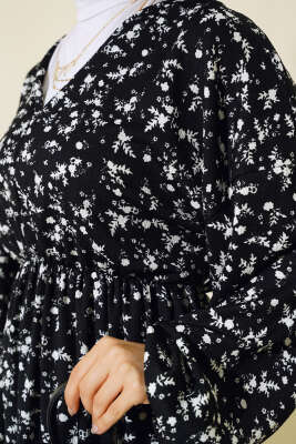 Bel Lastikli V Yaka Elbise Siyah - Tesettür Elbise