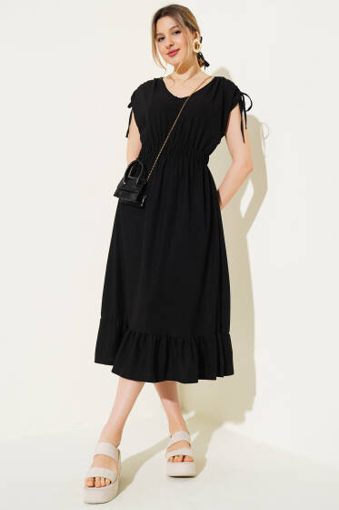 Bel Lastikli V Yaka Midi Elbise Siyah - Kadın Giyim Modelleri