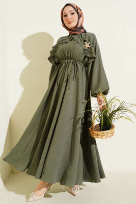 Bel Lastikli Yaka Fırfırlı Elbise Haki - HEWES