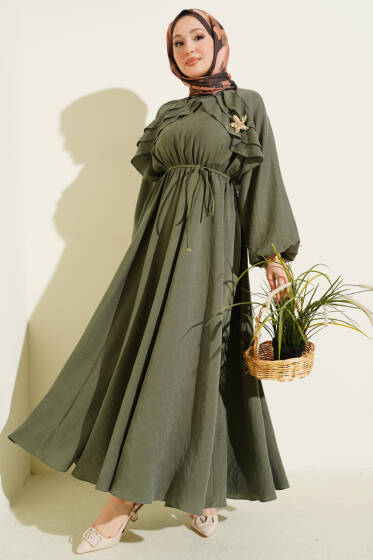 Bel Lastikli Yaka Fırfırlı Elbise Haki - Elbise