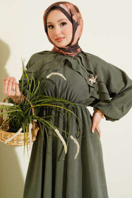 Bel Lastikli Yaka Fırfırlı Elbise Haki - Elbise