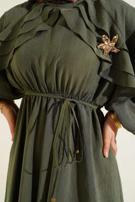 Bel Lastikli Yaka Fırfırlı Elbise Haki - Elbise