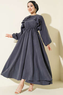 Bel Lastikli Yaka Fırfırlı Elbise Lacivert 