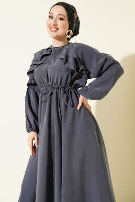 Bel Lastikli Yaka Fırfırlı Elbise Lacivert - Elbise